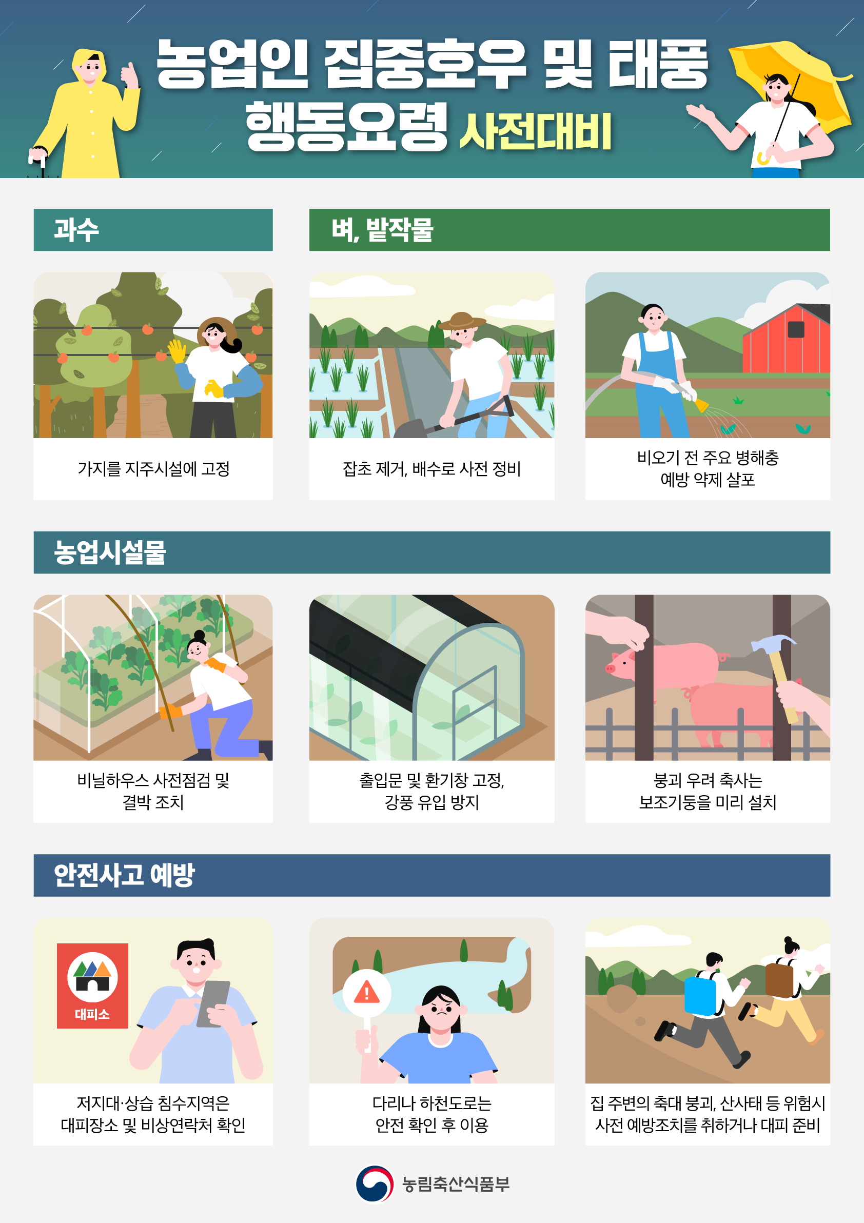 농업인 집중호우 및 태풍 행동요령 사전대비 [과수] 가지를 지주시설에 고정 [벼, 밭작물] 1.잡초 제거, 배수로 사전 정비 2.비오기 전 주요 병해충 예방 약제 살포 [농업시설물] 1. 비닐하우스 사전점검 및 결박 조치 2.출입문 및 환기창 고정, 강풍 유입 방지 3.붕괴 우려 축사는 보조 기둥을 미리 설치 [안전사고 예방] 1.저지대·상습 침수지역은 대피장소 및 비상연락처 확인 2. 다리나 하천도로는 안전 확인 후 이용 3. 집 주변의 축대 붕괴, 산사태 등 위험시 사전 예방조치를 취하거나 대피 준비