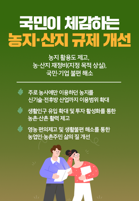 국민이 체감하는 농지·산지 규제 개선 농지 활용도 제고,  농·산지 재정비(지정 목적 상실), 국민·기업 불편 해소 1)주로 농사에만 이용하던 농지를 신기술·전후방 산업까지 이용범위 확대 2)생활인구 유입 확대 및 투자 활성화를 통한 농촌·산촌 활력 제고 3)영농 편의제고 및 생활불편 해소를 통한 농업인·농촌주민 삶의 질 개선