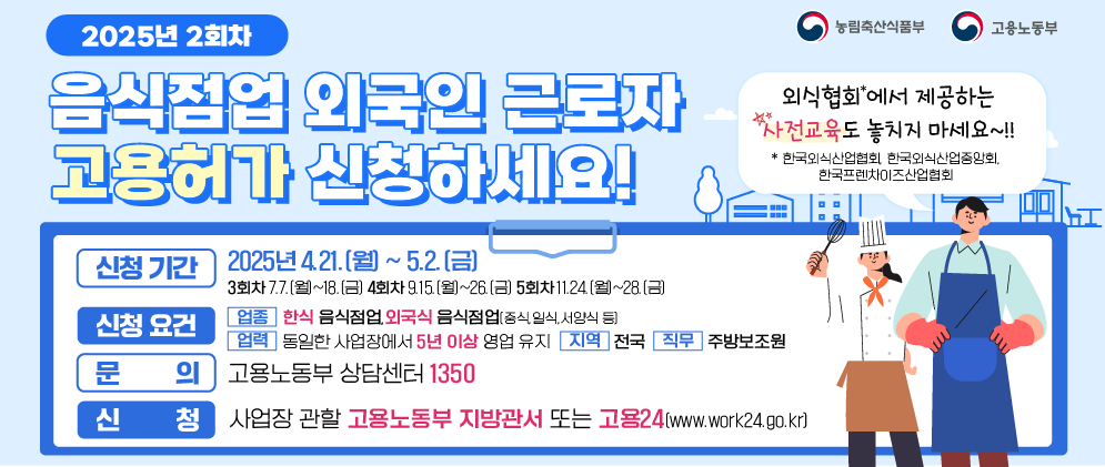 (농림축산식품부) , (고용노동부) (2025년 2회차)  음식점업 외국인 근로자 고용허가 신청하세요! [신청기간]2025년 4.21.(월) ~ 5.2.(금) 3회차 7.7.(월)~18.(금) 4회차 9.15.(월)~26.(금) 5회차 11.24.(월)~28.(금) [신청요건] (업종) 한식 음식점업, 외국인 음식점업(중식,일식,서양식 등)(업력)동일한 사업장에서 5년 이상 영업 유지 (지역)전국(직무)주방보조원 [문의]고용노동부 상담센터 1350 [신청] 사업장 관할 고용노동부 지방관서 또는 고용24(www.work24.go.kr)  외식협회에서 제공하는 사전교육(별표)도 놓치지 마세요~!! * 한국외식산업협회, 한국외식산업중앙회, 한국프랜차이즈산업협회