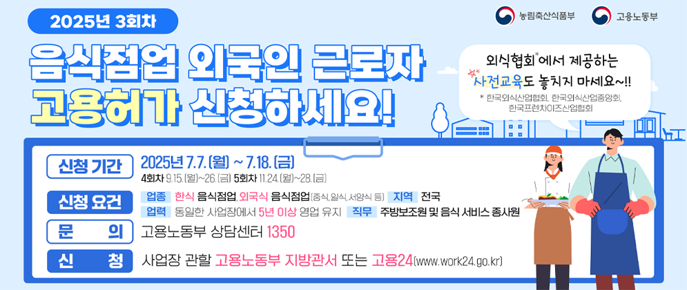 2025년 3회차 농림축산식품부 고용노동부 음식점업 외국인 근로자 고용허가 신청하세요! 외식협회에서 제공하는 사전교육도 놓치지 마세요~!! * 한국외식산업협회, 한국외식산업중앙회, 한국프렌차이즈산업협회 신청 기간 2025년 7.7.(훨) ~ 7.18.(금) 4회차 9.15.(훨)~26.(금) 5회차 11.24.(월)~28.(금) 신청 요건 업종 한식 음식점업, 외국식 음식점업(중식,일식,서양식 등) 지역 전국 업력 동일한 사업장에서 5년 이상 영업 유지 직무 주방보조원 및 음식 서비스 종사원 문의 고용노동부 상담센터 1305 신청 사업장 관할 고용노동부 지방관서 또는 고용24(www.lwork24.go.kr)