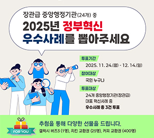 장관급 중앙행정기관(24개) 중 2025년 정부혁신 우수사례를 뽑아주세요 [투표기간] 2025.11.24.(월)~12.14.(일) [참여대상] 국민 누구나 [투표대상] 24개 중앙행정기관(장관급) 대표 혁신 사례 중 우수사례 총 3건 투표  추첨을 통해 다양한 선물을 드립니다. 갤럭ㄷ시 버즈3(1명), 치킨 교환권(25명), 커피 교환권(400명)