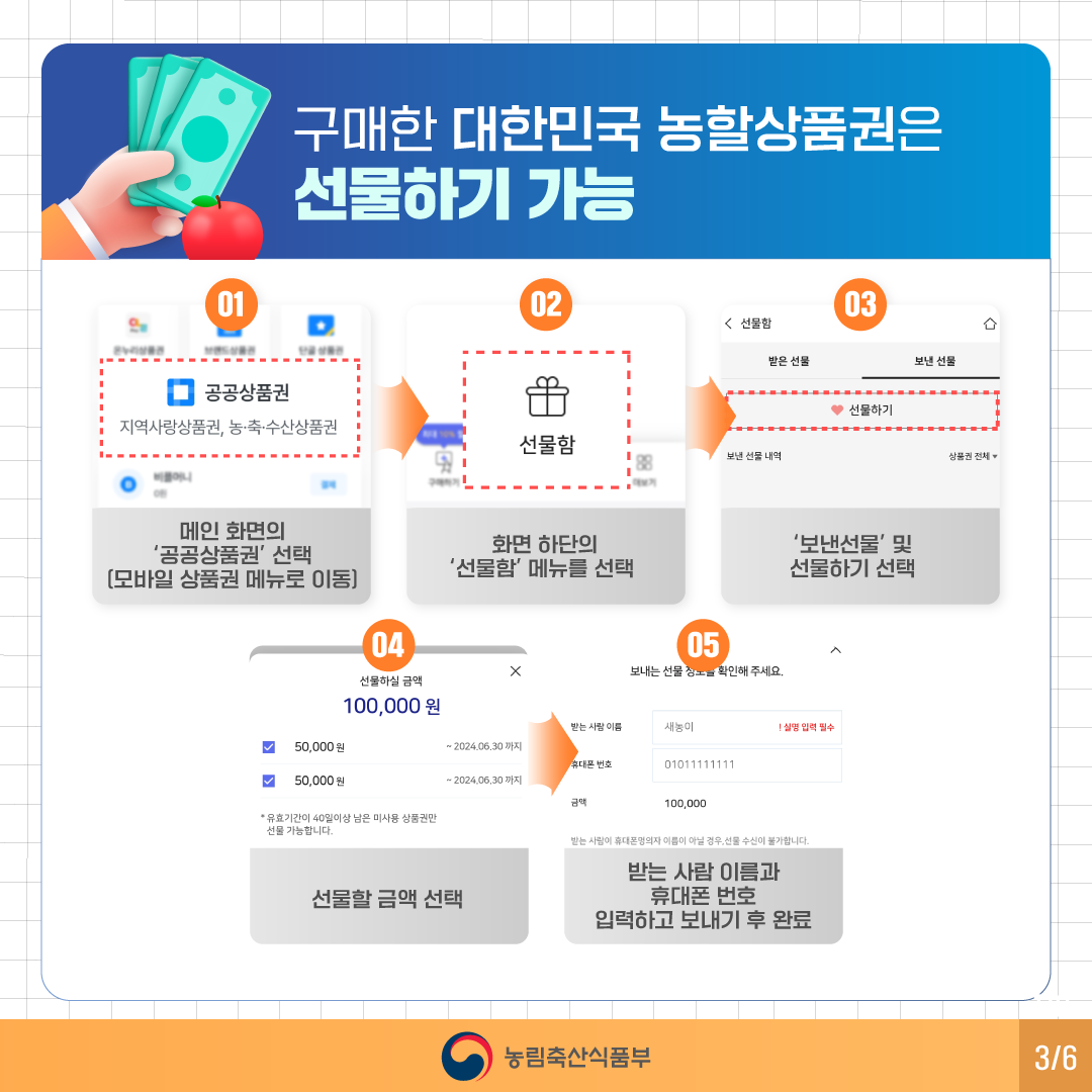 구매한 대한민국 농할상품권은 선물하기 가능 01)메인 화면의 '공공상품권' 선택 (모바일 상품권 메뉴로 이동) 02) 하단 화면의 '선물함' 메뉴를 선택 03) '보낸선물' 및 선물하기 선택 04) 선물할 금액 선택 05) 받는 사람 이름과 휴대폰 번호 입력하고 보내기 후 완료