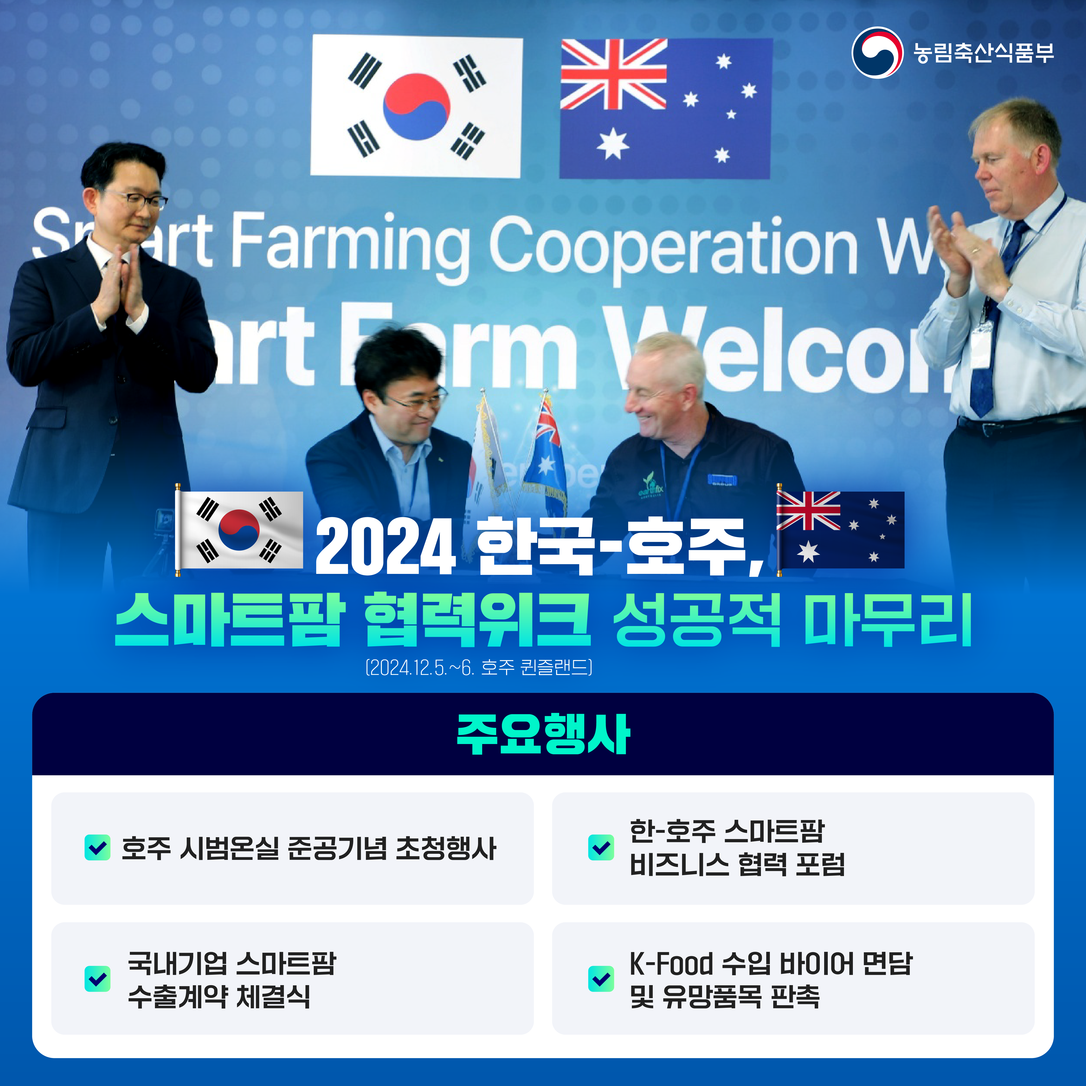 농림축산식품부 2024 한국-호주, 스마트팜 협력위크 성공적 마무리 (2024 12.5. ~ 6. 호주 퀸즐랜드) 주요행사 호주 시범온실 준공기념 초청행사, 한-호주 스마트팜 비즈니스 협력 포럼, 국내기업 스마트팜 수출계약 체결식, K-Food 수입 바이어 면담 및 유망품목 판촉